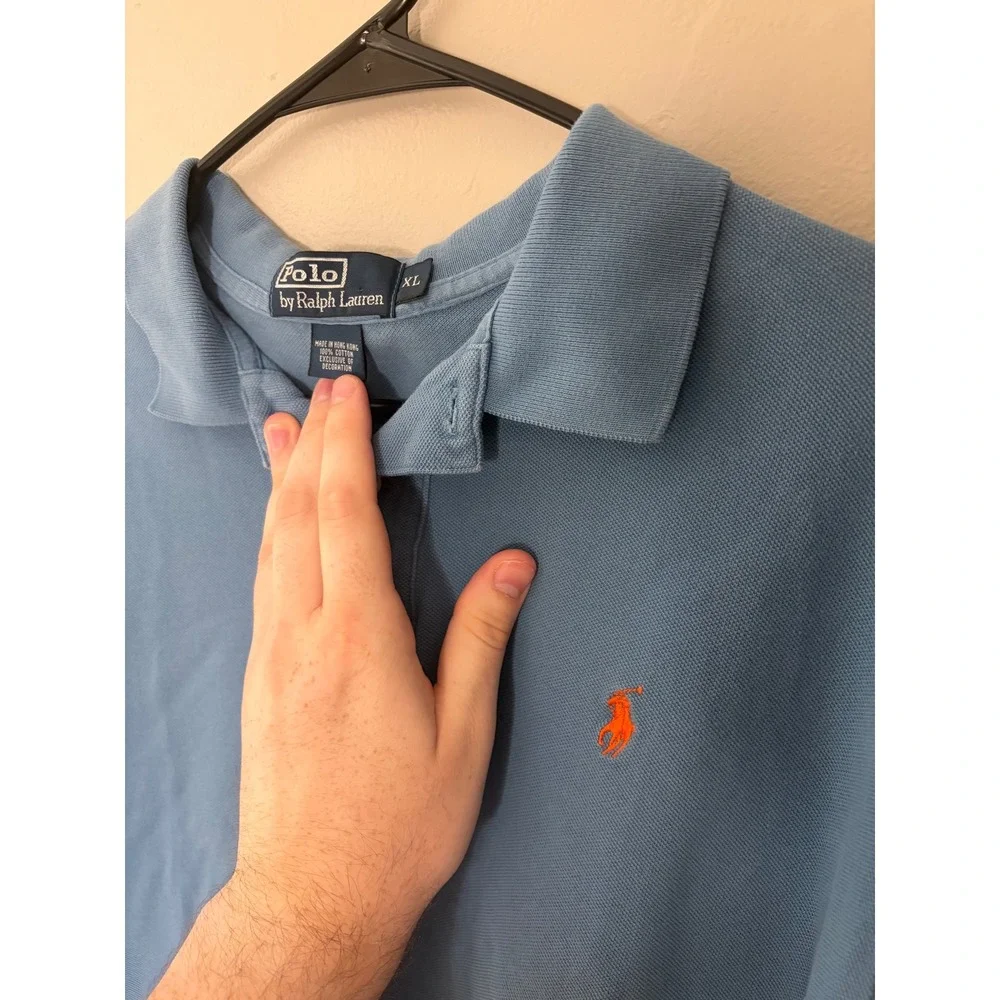 Polo Ralph Lauren Mens XL Blue Short Sleeve Pique Polo Shirt Orange Pony Logo